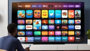A person using a Smart TV to browse apps on the app store.