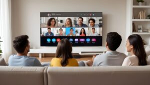 A family using a Smart TV for video conferencing.