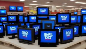 Black Friday Sale Signs on TVs in Retail Store